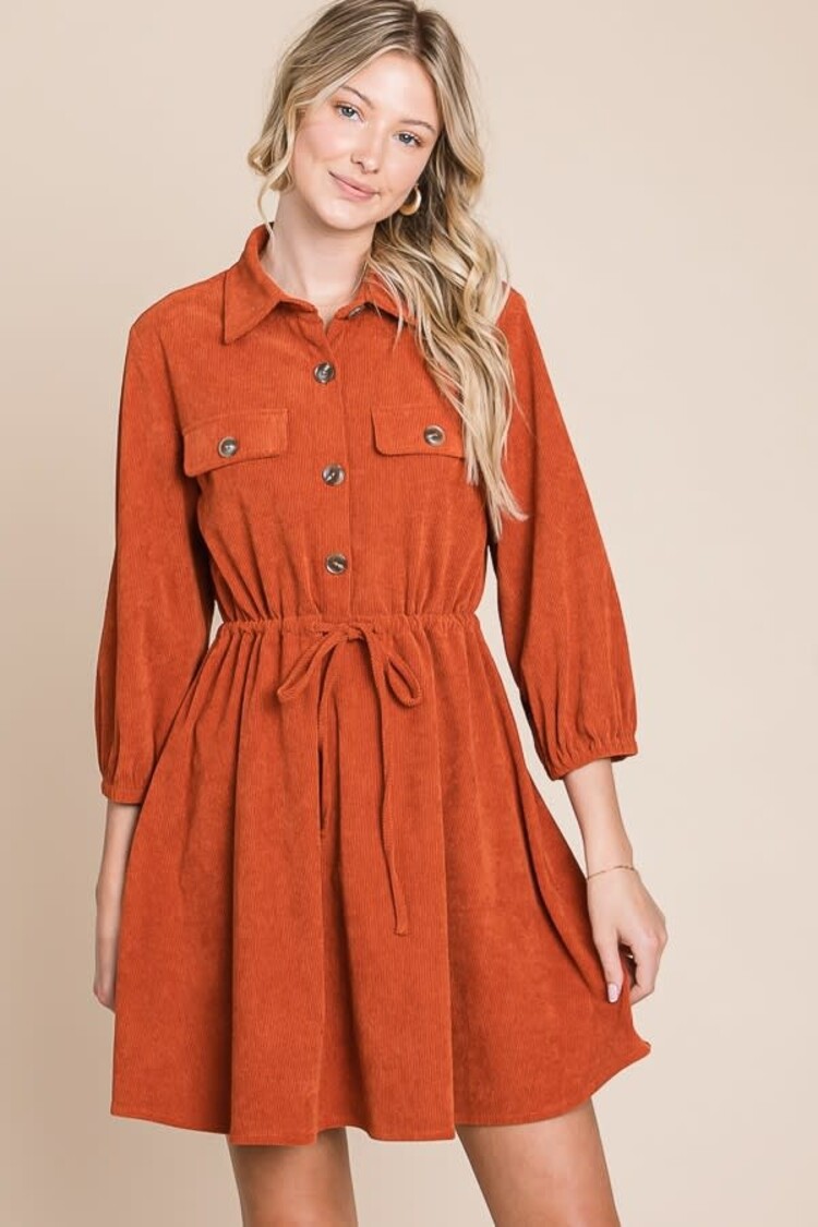 Corduroy Woven Mini Dress With Waist Tie