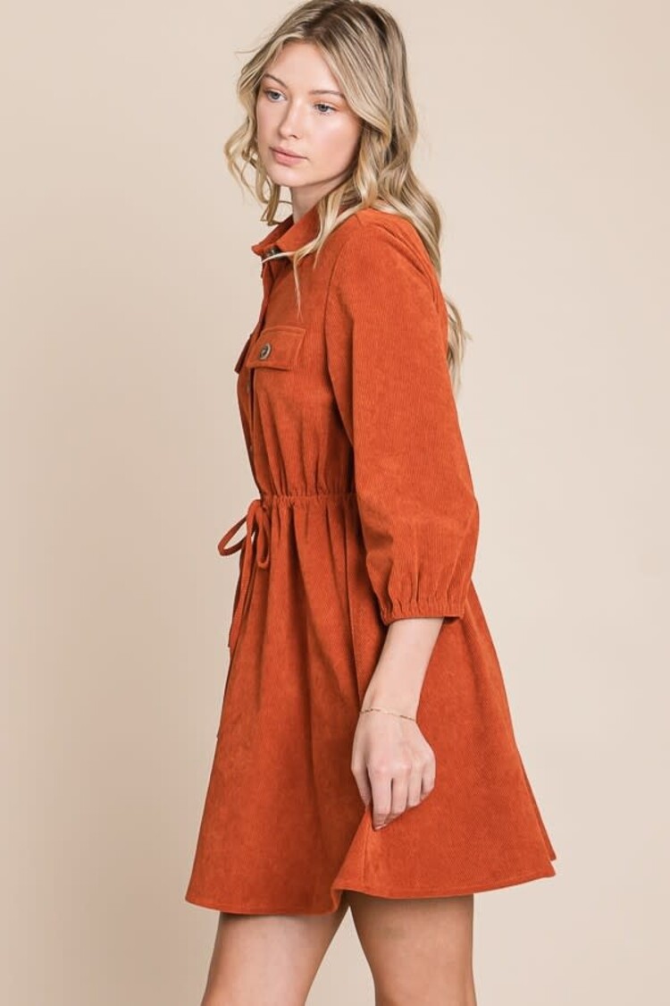 Corduroy Woven Mini Dress With Waist Tie