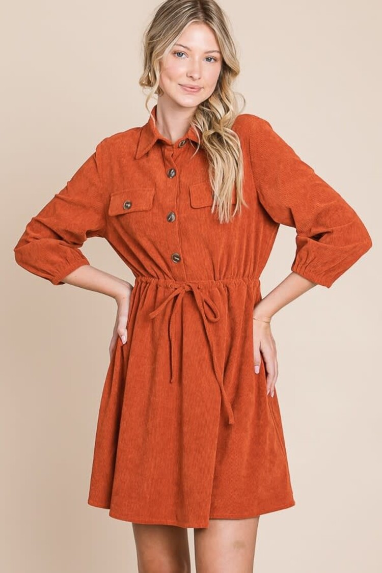 Corduroy Woven Mini Dress With Waist Tie
