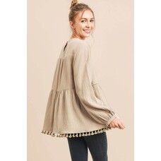 Fashion Go Women's Cotton Gauze Babydoll Top W/ Pom Pom Trim