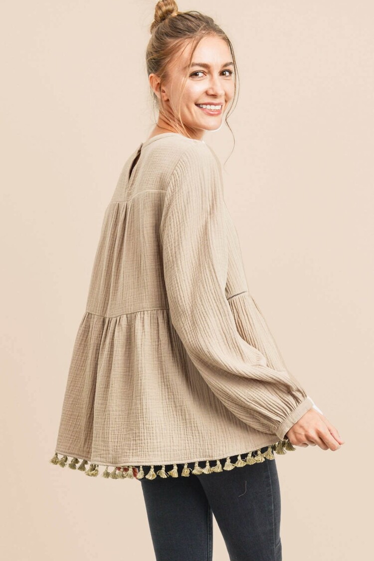 Fashion Go Women's Cotton Gauze Babydoll Top W/ Pom Pom Trim