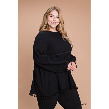 Cotton Gauze Babydoll Top W/ Pom Pom Trim Bottom