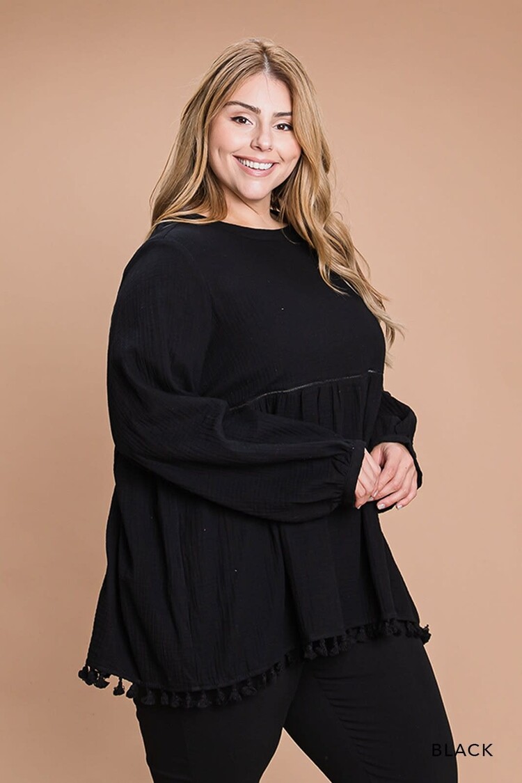 Cotton Gauze Babydoll Top W/ Pom Pom Trim Bottom