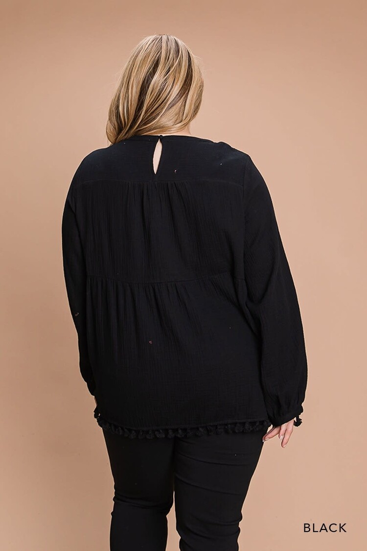 Fashion Go Cotton Gauze Babydoll Top W/ Pom Pom Trim Bottom