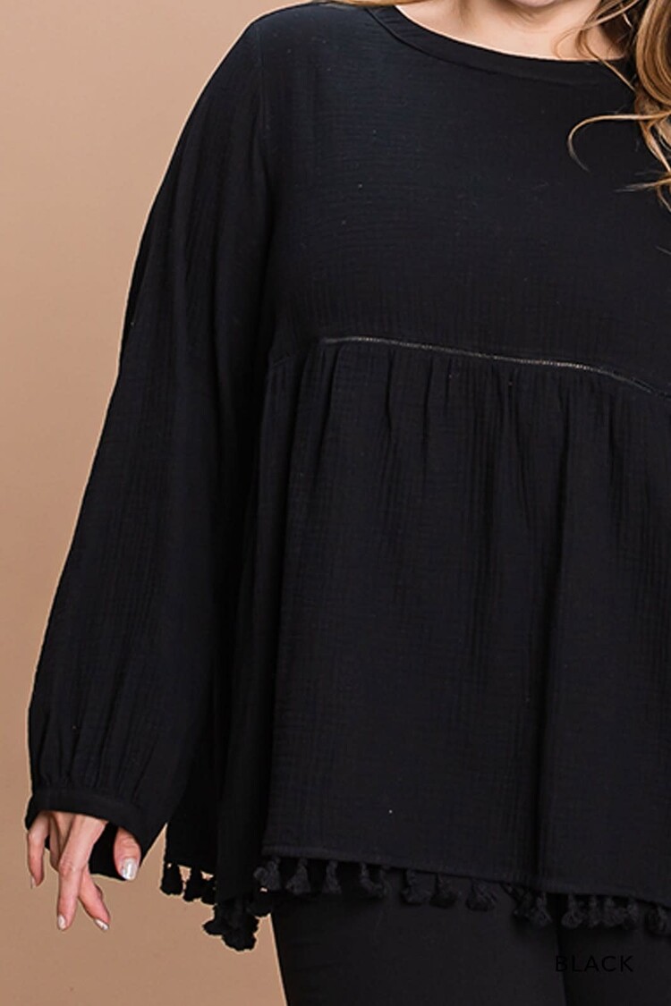 Fashion Go Cotton Gauze Babydoll Top W/ Pom Pom Trim Bottom