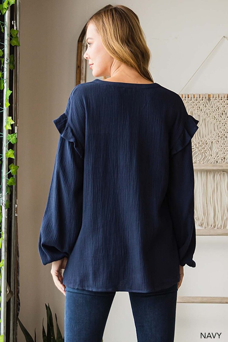 Cotton Gauze Ruffle Detailed Sleeve Top