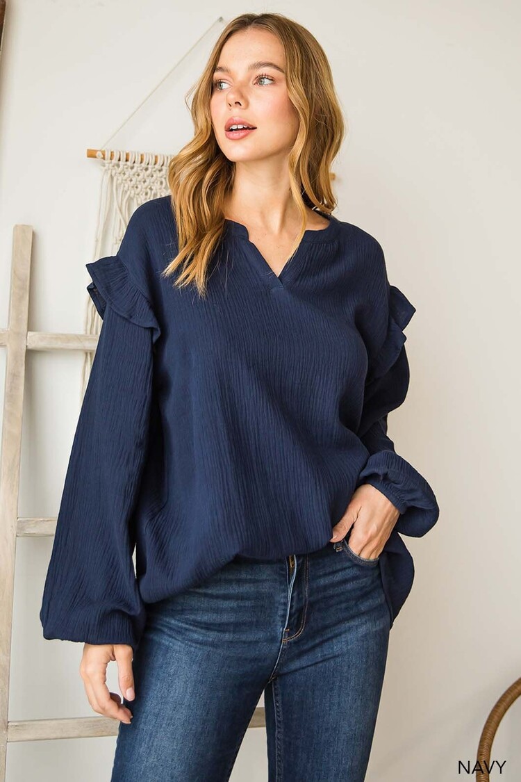 Cotton Gauze Ruffle Detailed Sleeve Top