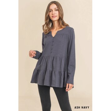 Fashion Go Washed Cotton Slub Button Down Front Tiered Top