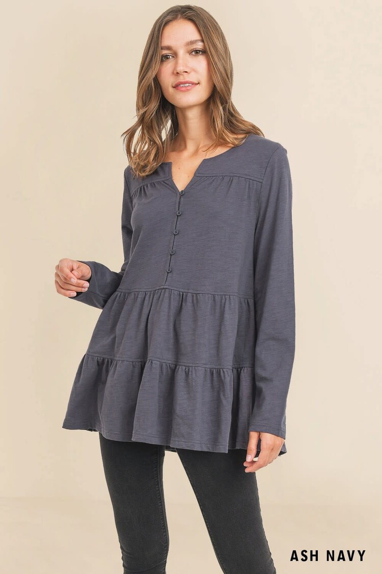 Washed Cotton Slub Button Down Front Tiered Top