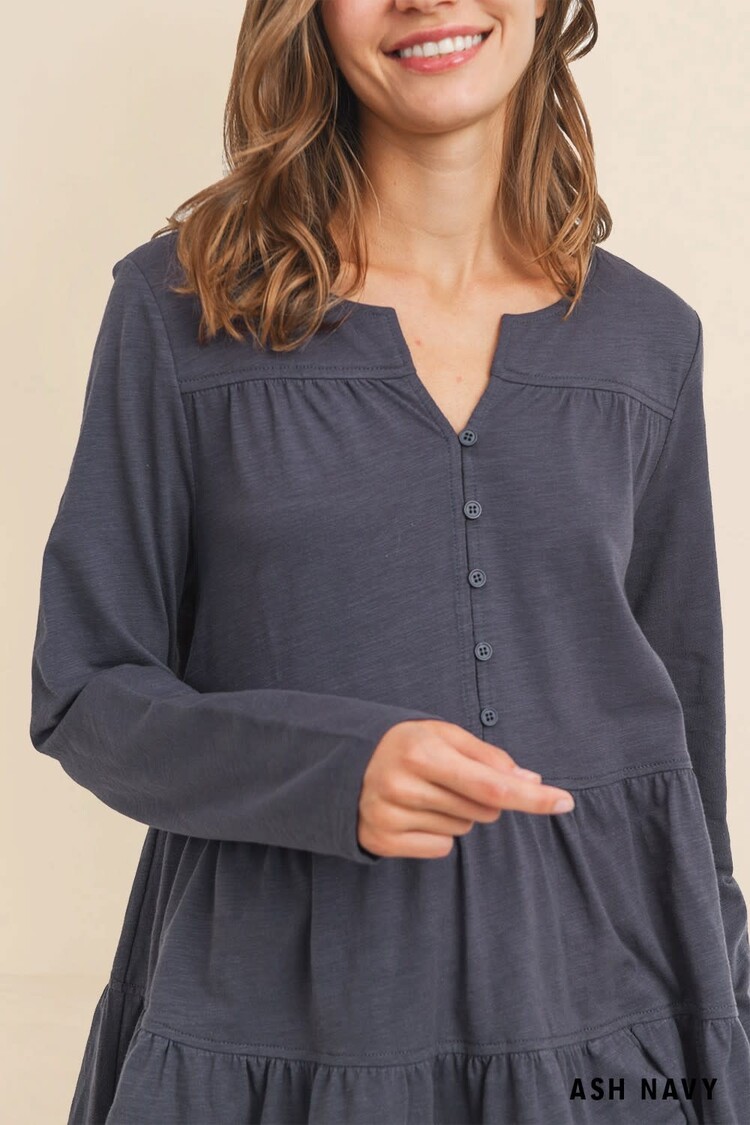 Washed Cotton Slub Button Down Front Tiered Top