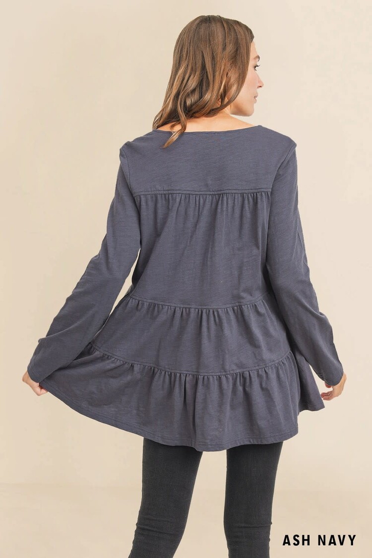 Washed Cotton Slub Button Down Front Tiered Top