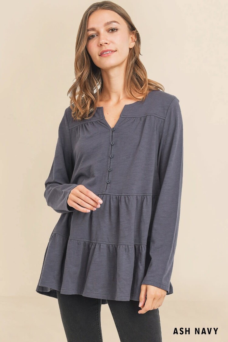 Washed Cotton Slub Button Down Front Tiered Top