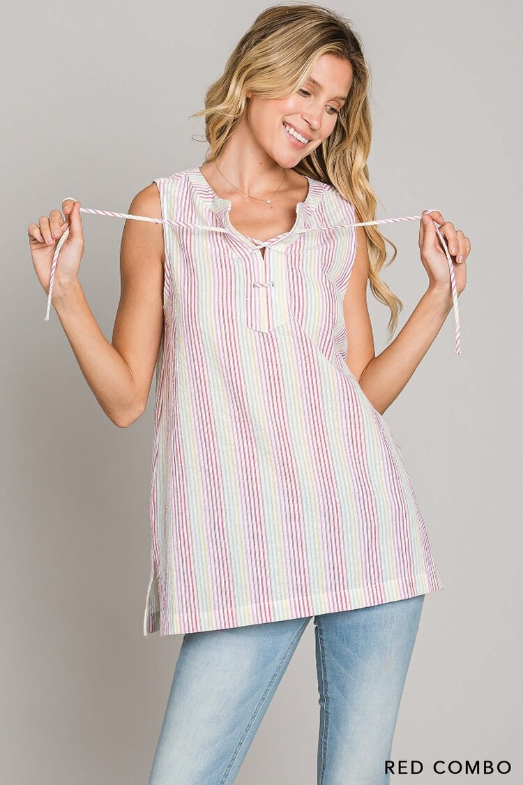 Fashion Go Cotton Linen Jacquard Multi Striped Tank Top