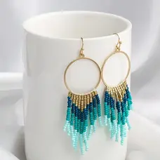 Gold Blue Turquoise Beaded Fringe Earrings