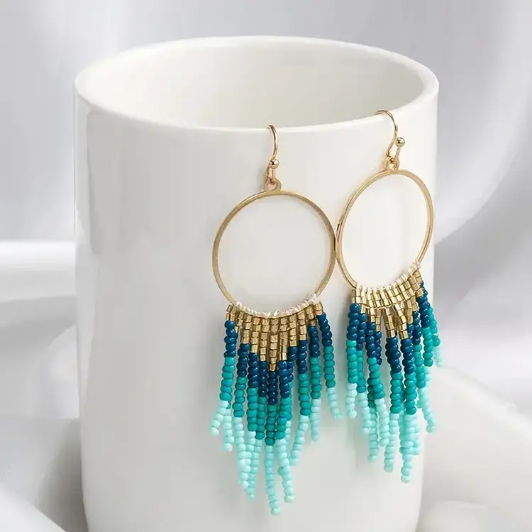 Gold Blue Turquoise Beaded Fringe Earrings