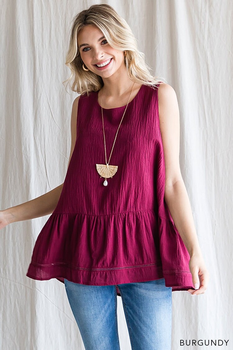 Fashion Go Cotton Crinkle Ladder Trim Detailed Baby Doll Top