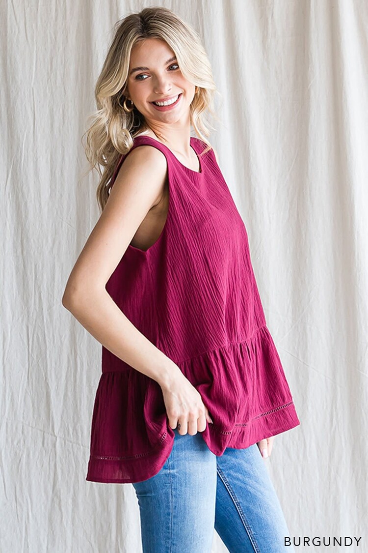 Fashion Go Cotton Crinkle Ladder Trim Detailed Baby Doll Top