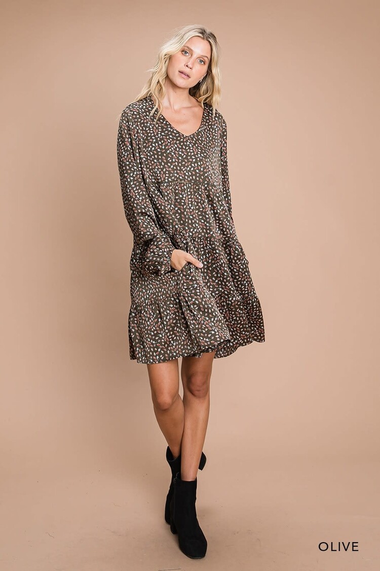 Fashion Go Soft Floral Printed Tiered Long Sleeve Dress