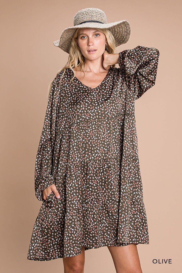 Fashion Go Soft Floral Printed Tiered Long Sleeve Dress