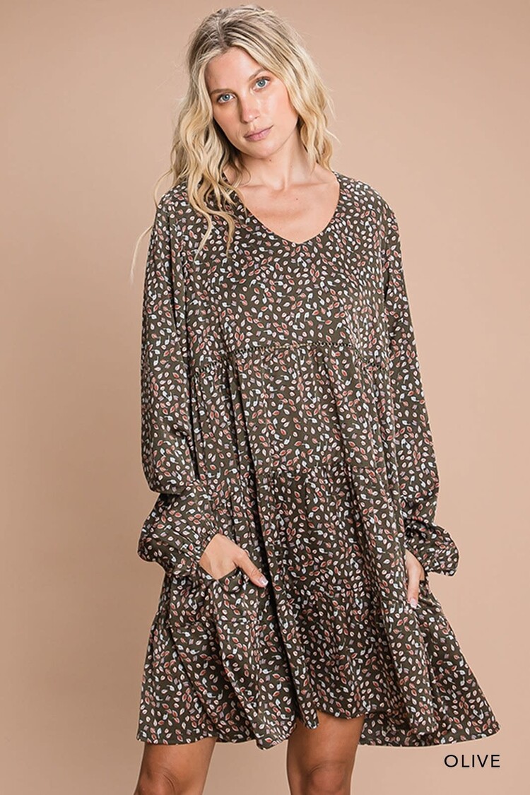 Fashion Go Soft Floral Printed Tiered Long Sleeve Dress