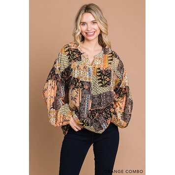 Women's Boho Mix Match Prints Bubble Sleeve Top