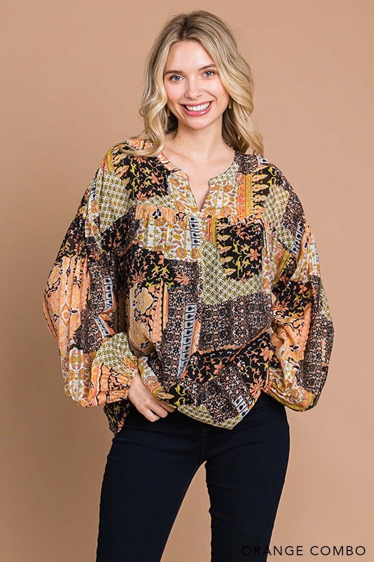 Fashion Go Women's Boho Mix Match Prints Bubble Sleeve Top