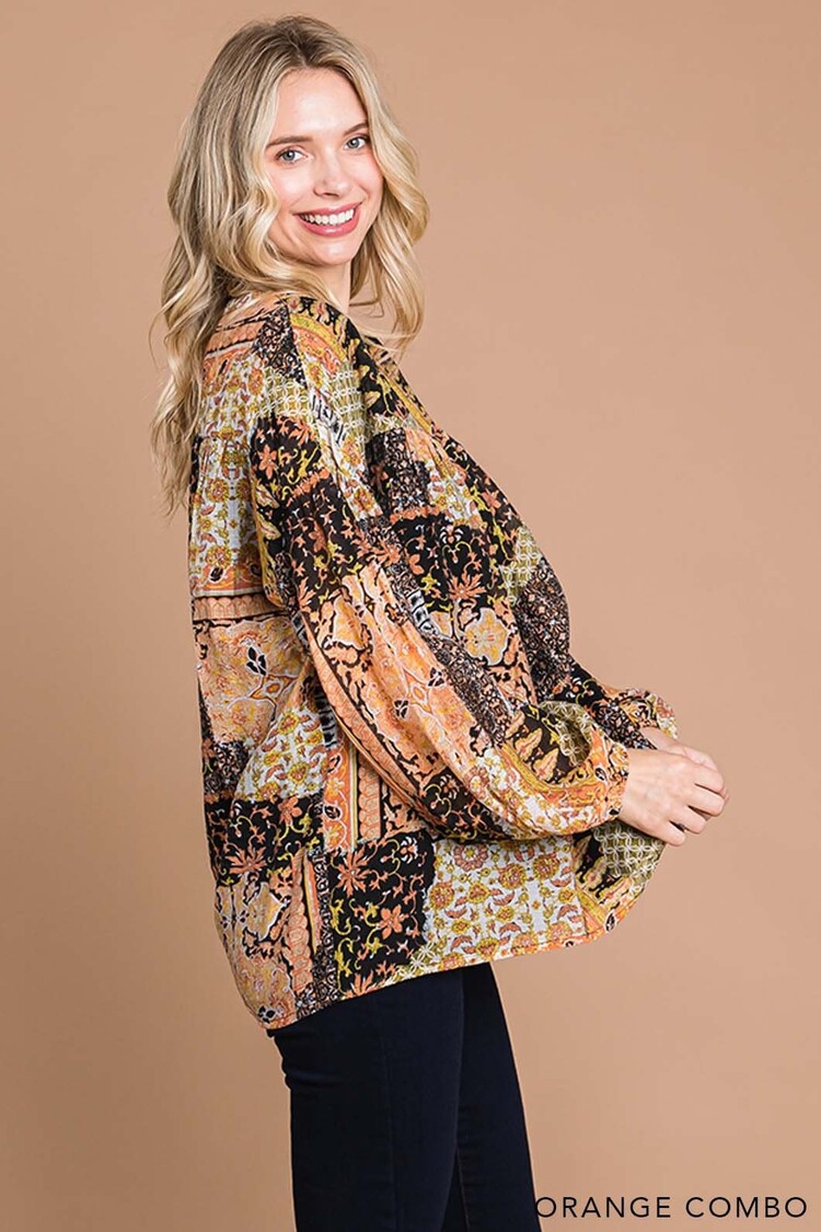 Fashion Go Women's Boho Mix Match Prints Bubble Sleeve Top