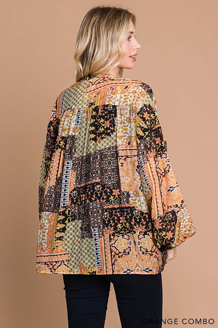 Fashion Go Women's Boho Mix Match Prints Bubble Sleeve Top