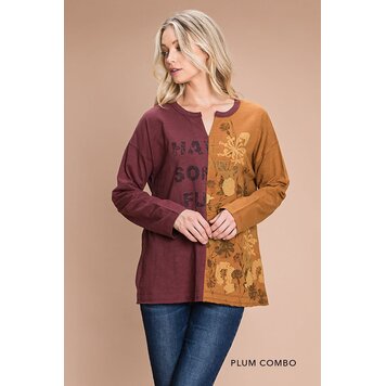 Fashion Go Washed Heavy Cotton Slub Half And Half Printed Top