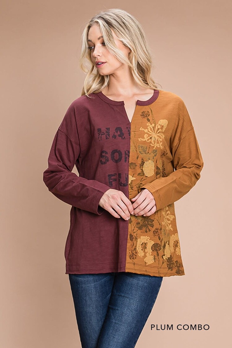 Fashion Go Washed Heavy Cotton Slub Half And Half Printed Top