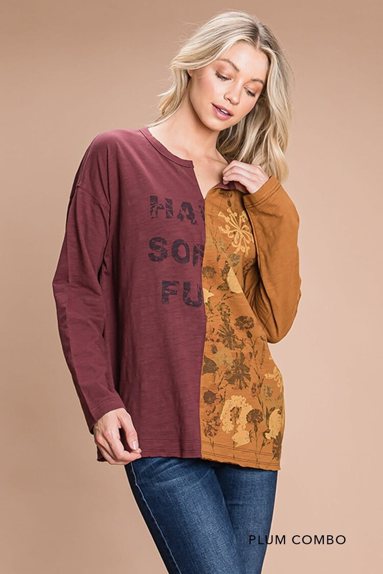 Fashion Go Washed Heavy Cotton Slub Half And Half Printed Top