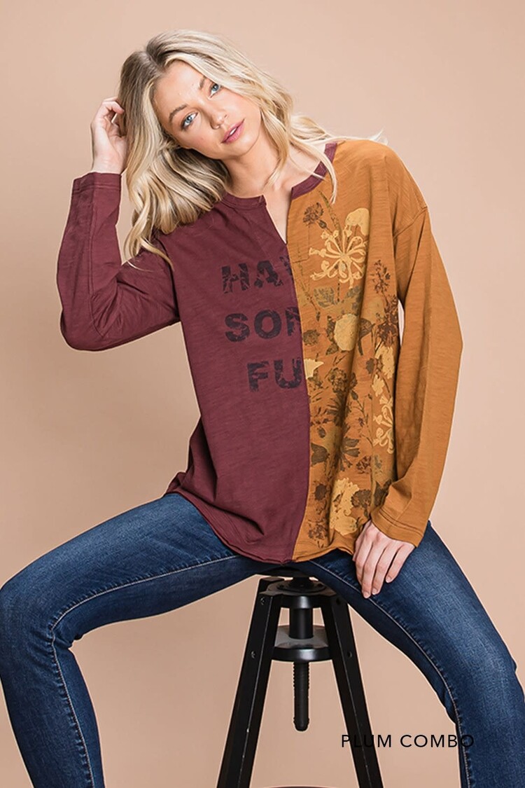 Fashion Go Washed Heavy Cotton Slub Half And Half Printed Top