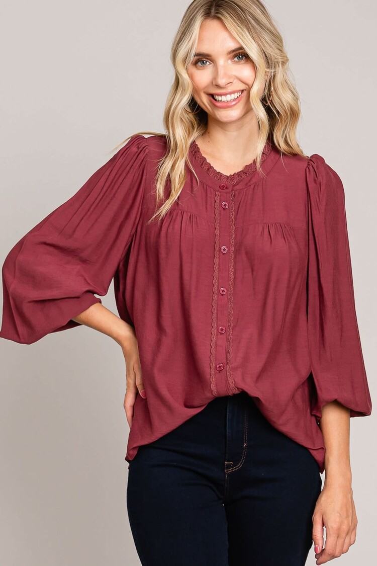 Fashion Go Blended Lace Trim Detailed Button Down Top