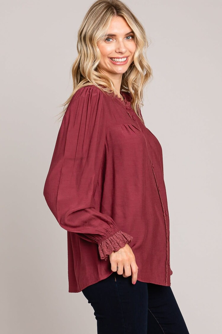 Fashion Go Blended Lace Trim Detailed Button Down Top