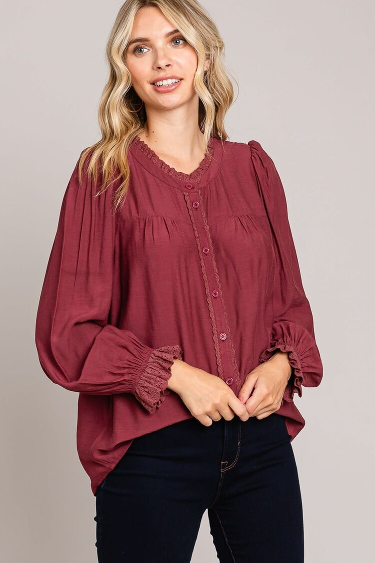 Fashion Go Blended Lace Trim Detailed Button Down Top