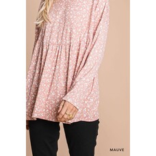 Fashion Go Floral Print Long Sleeve Baby Doll Knit Top