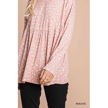 Floral Print Long Sleeve Baby Doll Knit Top