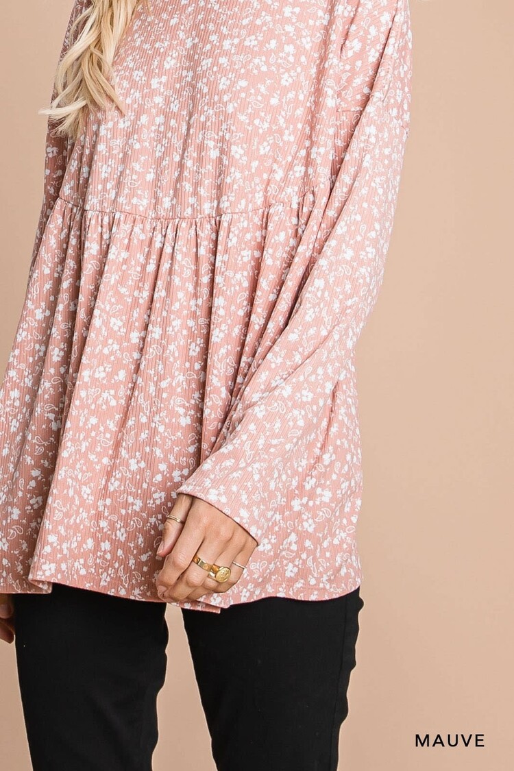 Fashion Go Floral Print Long Sleeve Baby Doll Knit Top