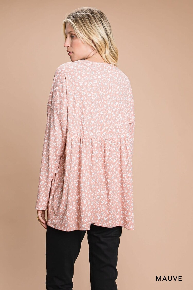 Fashion Go Floral Print Long Sleeve Baby Doll Knit Top