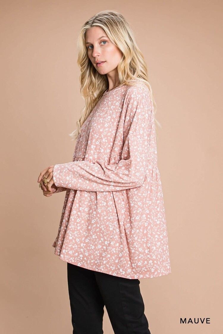 Fashion Go Floral Print Long Sleeve Baby Doll Knit Top