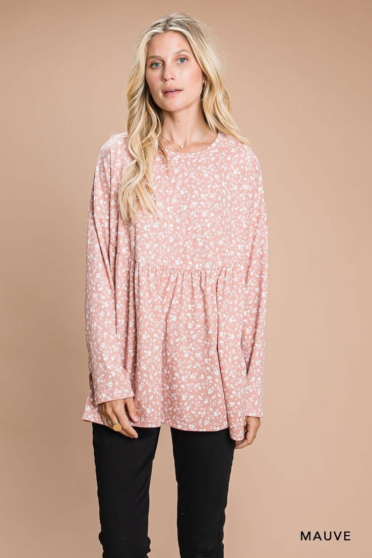 Fashion Go Floral Print Long Sleeve Baby Doll Knit Top