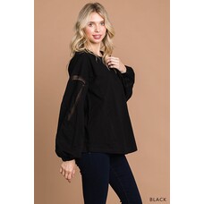 Fashion Go Washed Cotton Slub Lace Detailed Sleeve Top