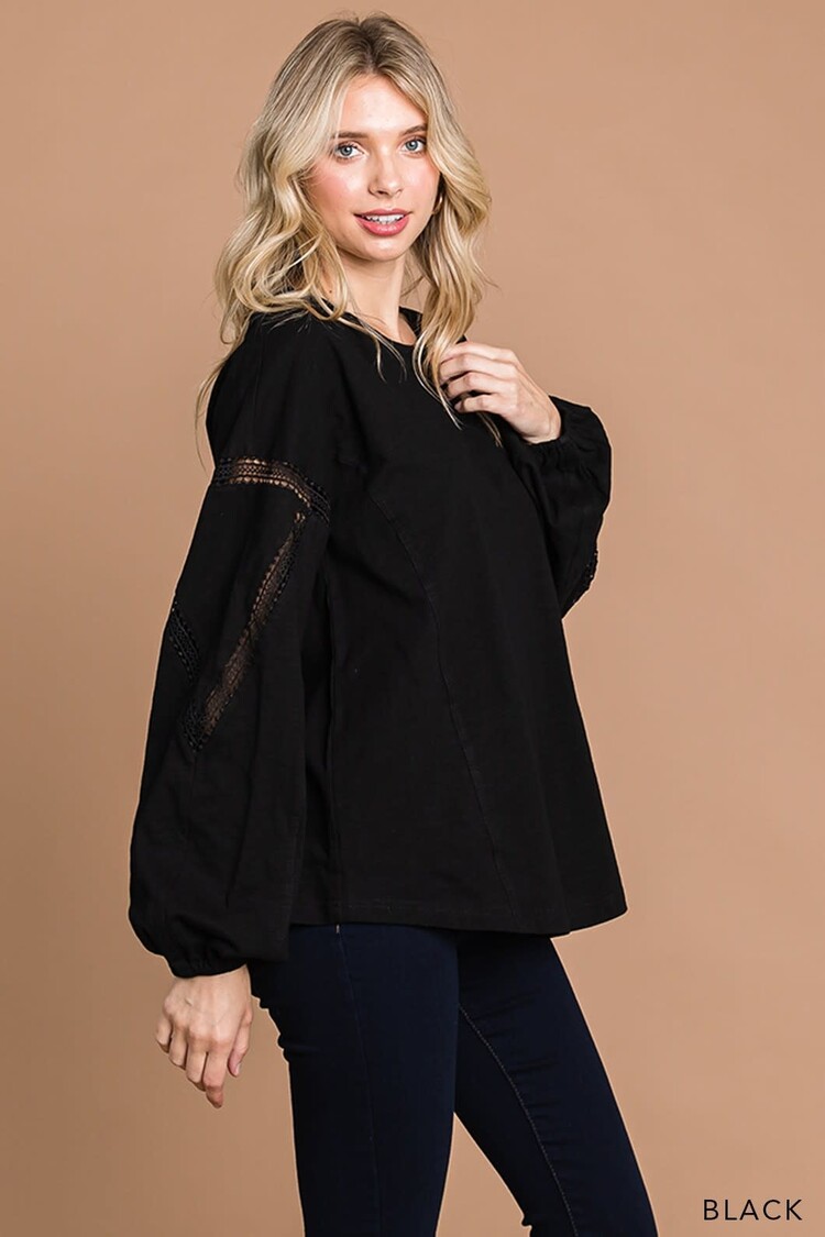 Washed Cotton Slub Lace Detailed Sleeve Top