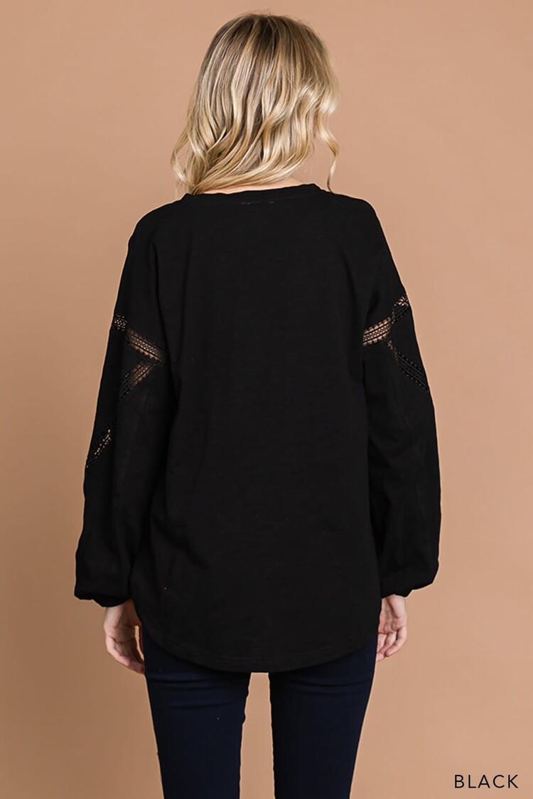 Fashion Go Washed Cotton Slub Lace Detailed Sleeve Top