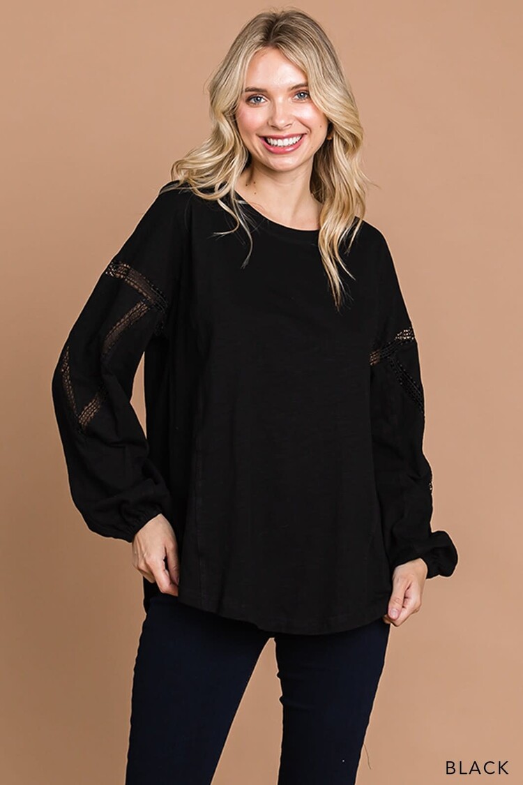 Washed Cotton Slub Lace Detailed Sleeve Top