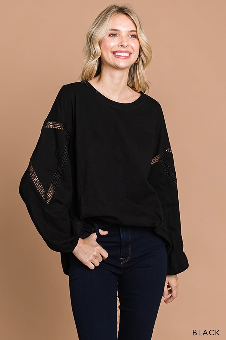 Fashion Go Washed Cotton Slub Lace Detailed Sleeve Top