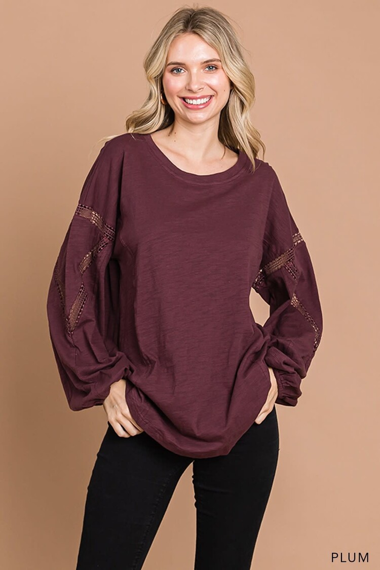 Washed Cotton Slub Lace Detailed Sleeve Top