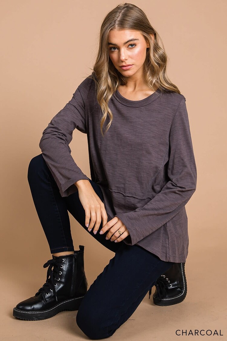 Fashion Go Washed Cotton Slub Deep Casual Top