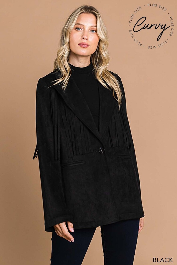 Faux Suede Tailor Jacket With Fringe Details