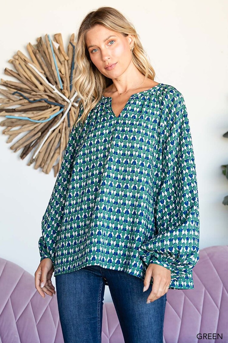 Fashion Go Cotton Voile Boho Tile Print Pullover Top